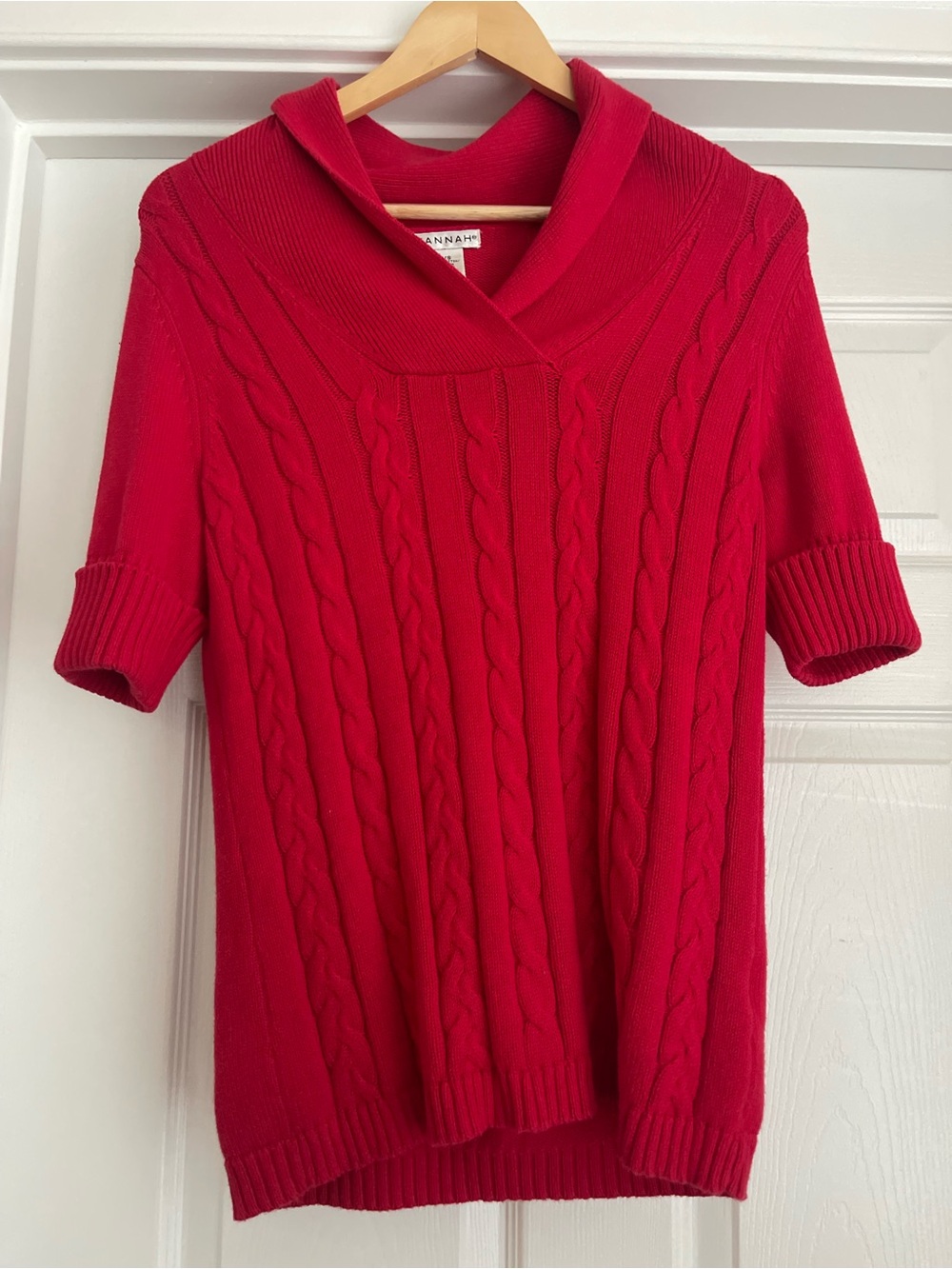 Hannah Red Cable Knit Shawl Collar Short Sleeve Sweater